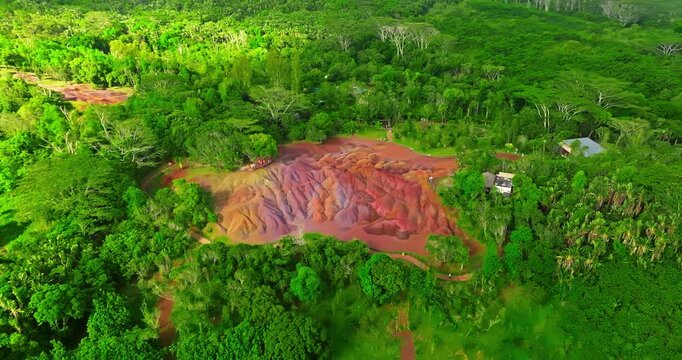 Aerial view of seven coloured earths on island Mauritius. Tourist attraction on island Mauritius