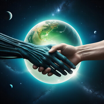 Alien contact hands. An alien shakes hands with an earthling. A handshake between two worlds. Cover design, business cards.