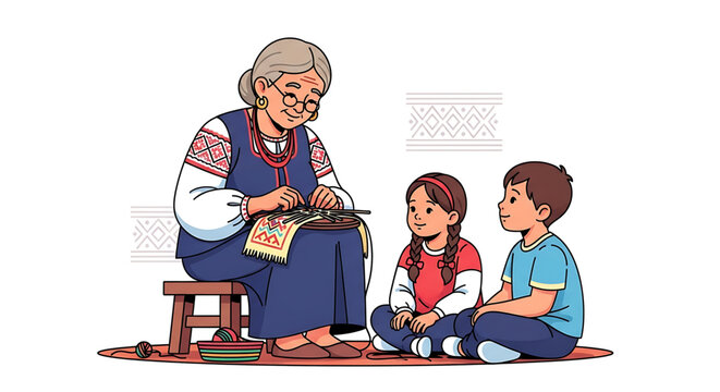 An elderly woman teaches traditional needlework to two attentive children in a cozy setting.