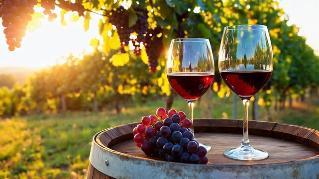 Wine glasses and grapes on barrel