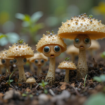 Tiny unseen world of dorky viral fungi monsters with big bulging eyes living life like nobody sees them on the forest floor, hidden mutated vegan mushrooms, not creepy but cute.