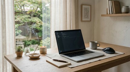 Fototapeta premium Software Developer Minimalist Zen Workspace with Coding Screen and Incense. A serene home office setup featuring a laptop with a dark mode code editor, burning incense smoke, and a lit candle.