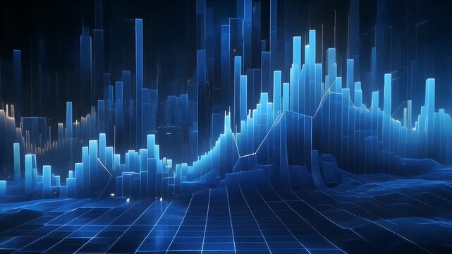A futuristic digital landscape displaying glowing blue bar charts and line graphs.