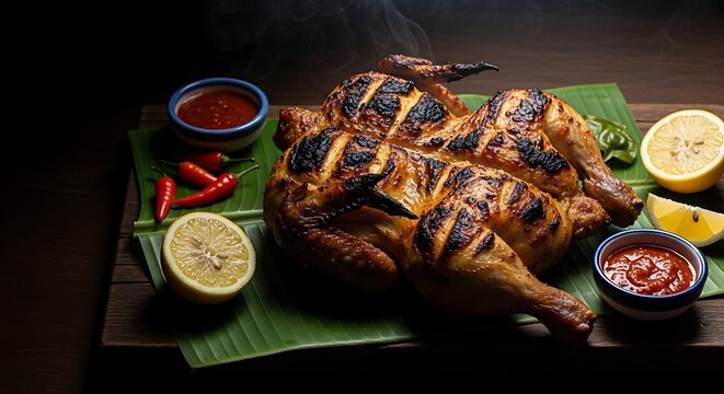 A whole kati kati grilled charcoal chicken &mdash; slightly charred skin with irregular grill marks and deep golden coloring 