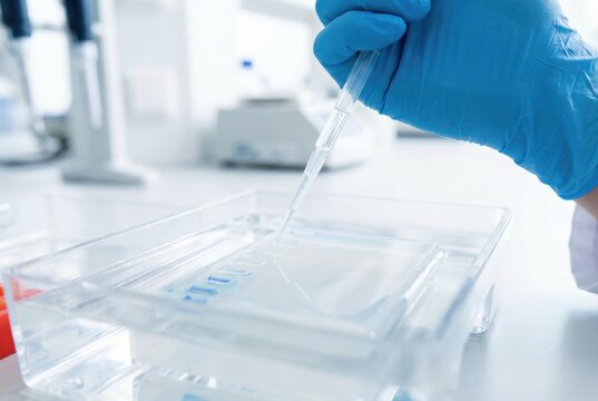 Gloved hand using micropipette to carefully load dna samples into gel electrophoresis wells