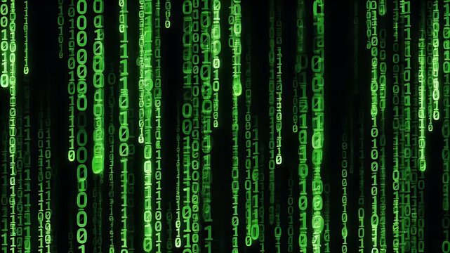 Digital rain of binary code cascades down a dark background.
