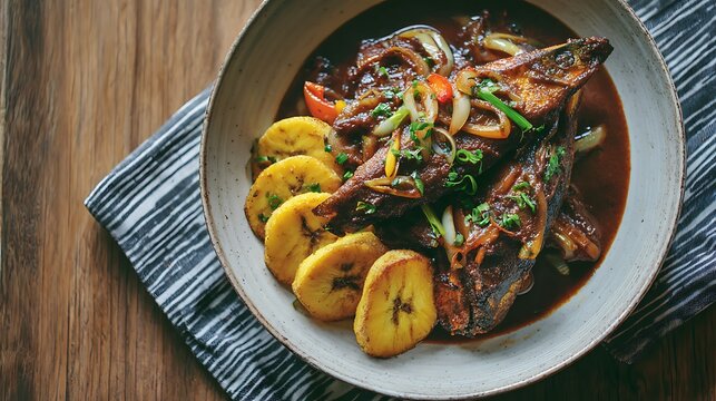 A shallow handmade ceramic plate with Cameroonian malang  smoked fish pieces covered in a thick dark njansan sauce (African nut paste) with onions, tomatoes and caramelized bell peppers