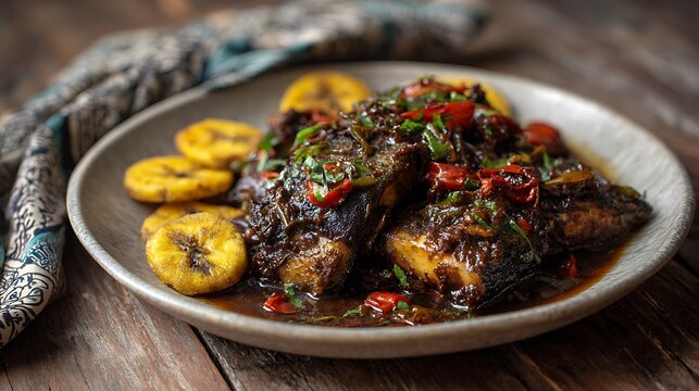 A shallow handmade ceramic plate with Cameroonian malang  smoked fish pieces covered in a thick dark njansan sauce (African nut paste) with onions, tomatoes and caramelized bell peppers