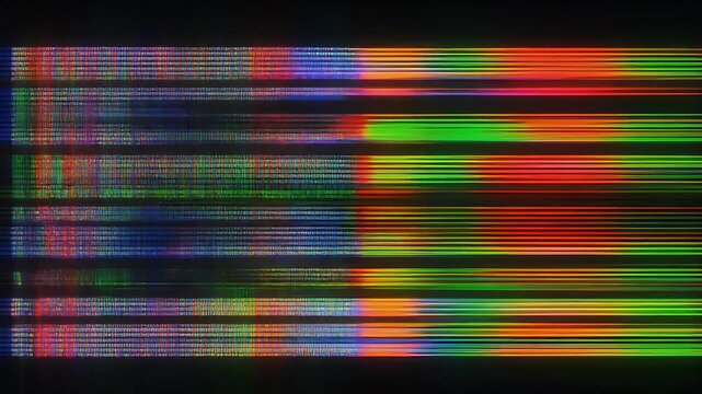 Abstract digital glitch art with horizontal lines of color and data distortion.