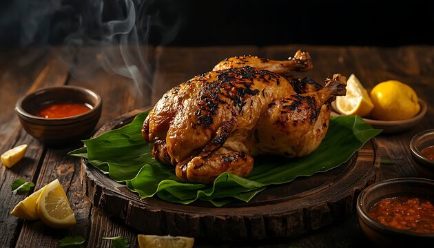 A whole kati kati grilled charcoal chicken &mdash; slightly charred skin with irregular grill marks and deep golden coloring 