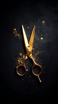 Elegant golden scissors on a dark background with decorative sparkles