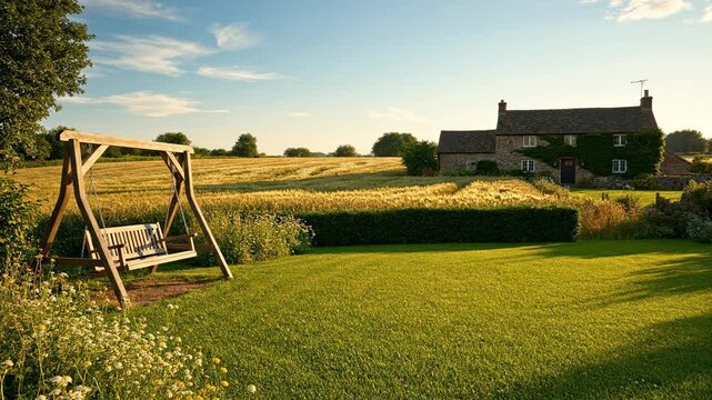 English Countryside Cottage and Golden Wheat Field