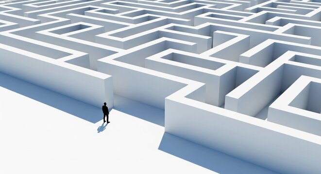 Man Standing at Entrance of White Labyrinth Maze, Facing Complex Challenge, Business Strategy and Decision Making Concept, High Angle View, 3D Render