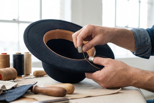 Milliner hand sewing leather sweatband into a black felt hat using needle and thimble
