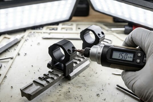 Gunsmith using digital torque screwdriver to tighten screws on tactical rifle scope mount