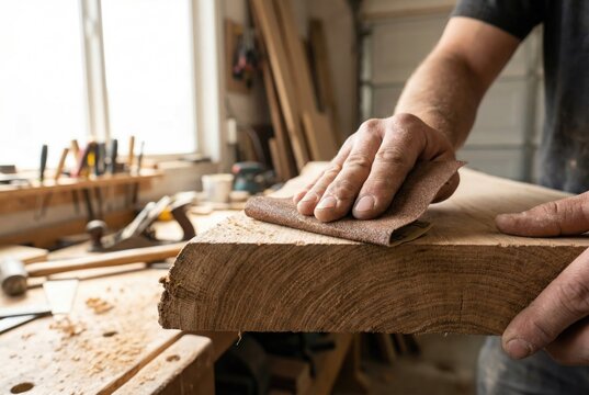 Carpenter hands using rough sandpaper sheet to manually smooth the edge of a solid wood plank
