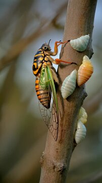 Cicada emergence from tree branch.