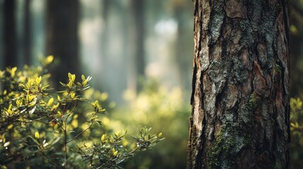 Obraz premium A detailed view of a pine tree in a forest setting with sunlight background