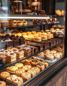 A tempting display of freshly baked pastries and cakes in a bakery showcase.