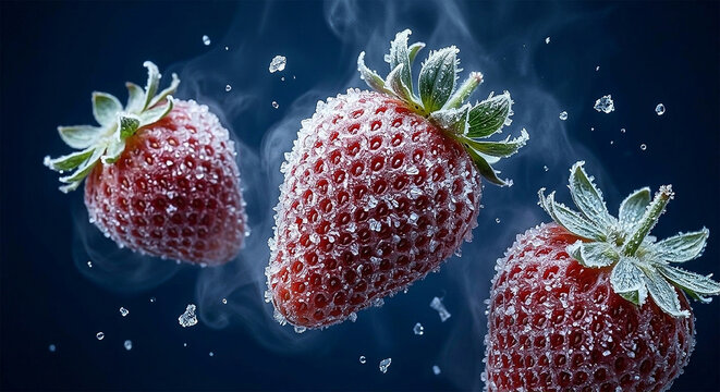 Frozen whole strawberries with detailed ice crystals and cold vapor in motion against dark blue background