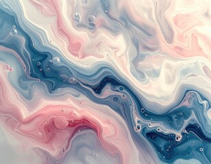 Fototapeta premium An abstract fluid art painting features flowing swirls of pink, blue, and white colors with subtle bubbles.