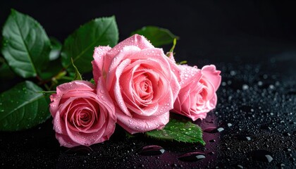 Fototapeta premium Three delicate pink roses with water droplets on a dark, reflective surface.