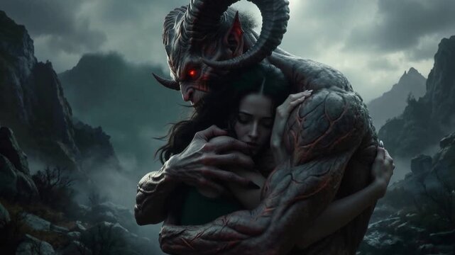 Giant monster devil creature embracing smaller being in dark fantasy landscape depicting surreal emotional bond, mythical relationship and tender moment between fearsome beast and companion
