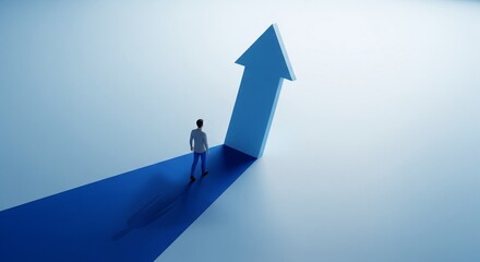 Obraz premium Man Standing on Blue Arrow Path Leading Upwards Towards Light, Representing Growth and Success, 3D Render