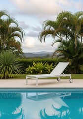 Fototapeta premium Minimalist white lounge chair near swimming pool surrounded by tropical palm trees and garden plants, calm water reflection, luxury resort atmosphere, mountains and cloudy sky in background, travel an