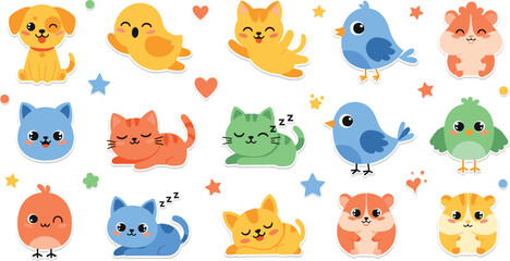 Fototapeta premium Cute pets and birds stickers set, adorable cartoon animals collection with cats dogs hamsters and chicks for kids vector illustration pack