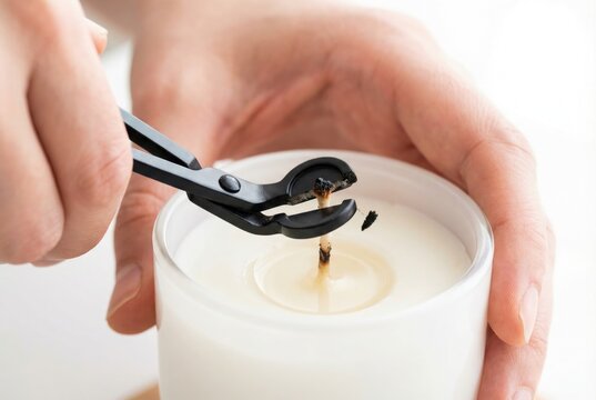 Person using black metal wick trimmers to cut the burnt tip off a white candle in a glass jar