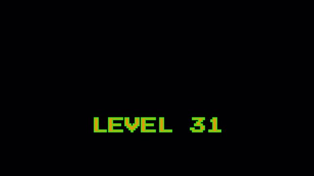 Retro Pixel Arcade Screen with Level 31 Text Animation and 8 Bit Game Assets on Black Background 4k video animation seamless loop
