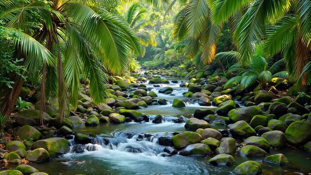 Tropical stream with rocks and palm trees