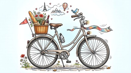 Fototapeta premium Vintage bicycle with flower basket and whimsical doodles on a sunny day outdoors
