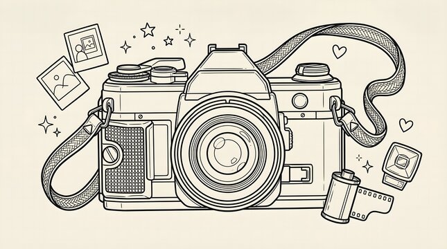 Vintage camera doodle with film roll and photos illustration of classic photography equipment