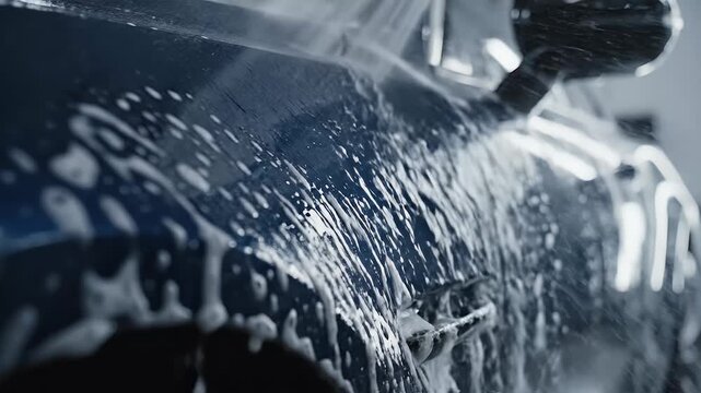 Dark Blue Car Being Washed with Foam and Water Indoors