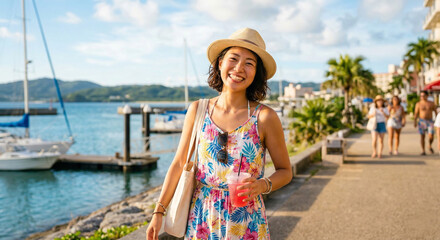 Fototapeta premium リゾート地の港を笑顔で散策する日本人女性 Generative AI