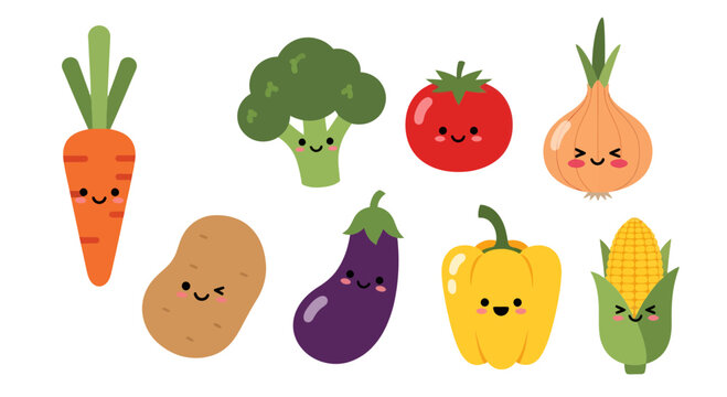 Playful vegetable patch illustration featuring cute cartoon produce characters beaming cheerfully