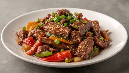Fototapeta premium Beef Stir Fry with Vegetables on White Plate Fresh Colorful Meal