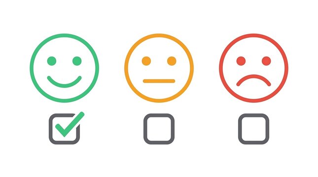 A customer feedback survey with happy, neutral, and sad emoticon faces