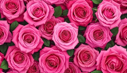 Obraz premium A vibrant and detailed macro view of numerous blooming pink roses with lush green leaves, creating a rich, floral tapestry.