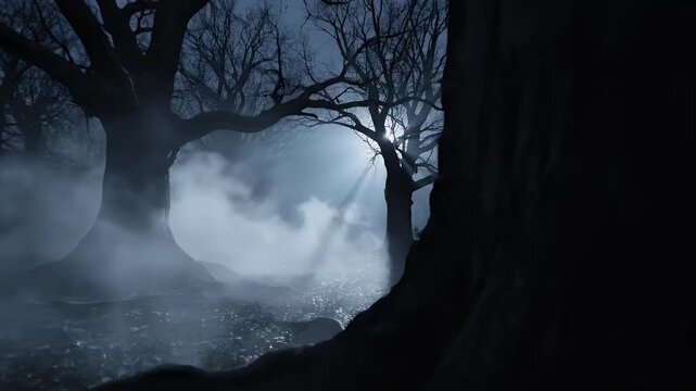 Eerie Dark Forest At Night With Mist And Moonlight Rays Through Trees