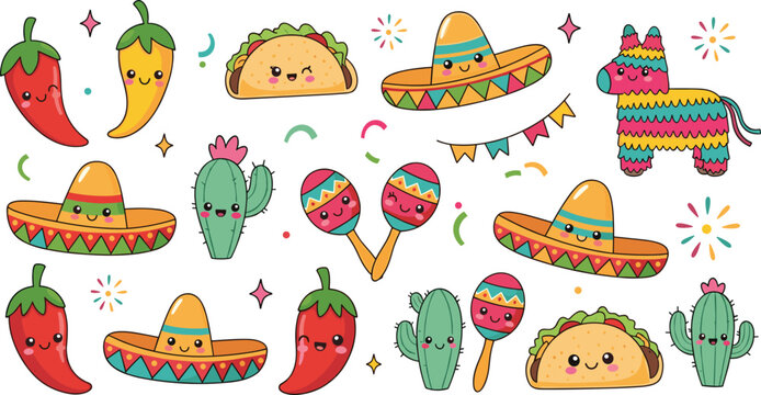 Colorful Mexican Fiesta Icons Set with Tacos, Chili Peppers, Cacti, and Maracas
