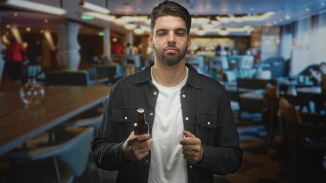 Bearded hispanic man holds beer bottle with one hand and checks the label at a bar table in building; quiet reflection.