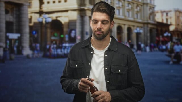Hispanic man with beard opens a beer bottle with his hands in front of a historic building on a crowded plaza; relaxed leisure.