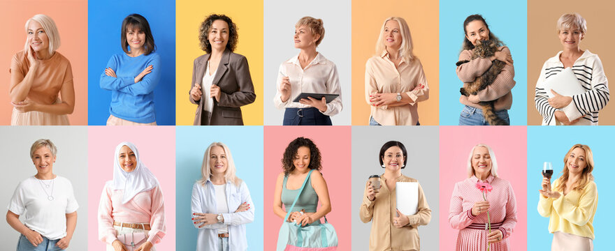 Set of beautiful mature women on colorful background