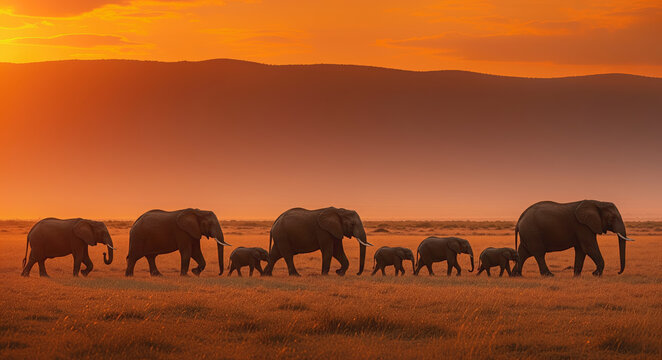 Elephant Family Herd Walking Across African Savanna At Sunset With Calves In Golden Light