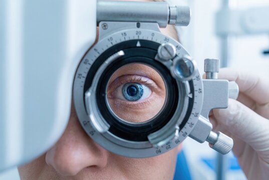 Close up of a patients blue eye looking through the lenses of a phoropter device during an eye examination