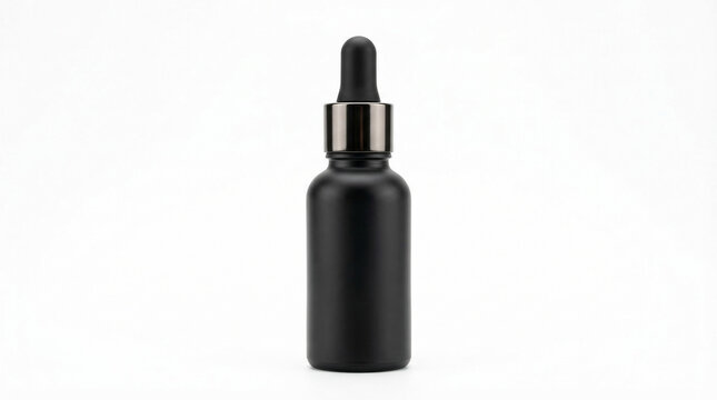 Sleek matte black dropper bottle for cosmetic serum or essential oils, isolated on a clean white background, showcasing minimalist product packaging design