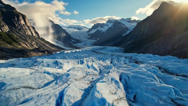 Expansive Glacier Valley Under Bright Sunlight With Majestic Mountain Peaks